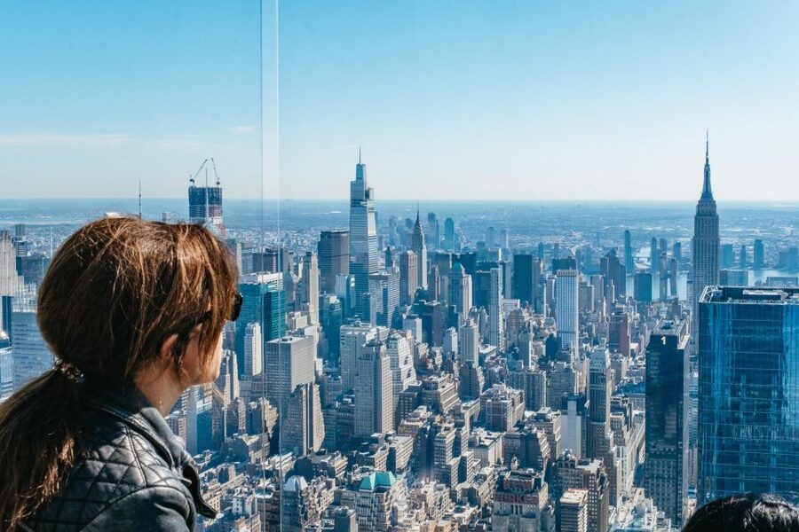 NYC: Edge Observation Deck Admission Ticket - The Outdoor Sky Deck: leaning out with angled glass